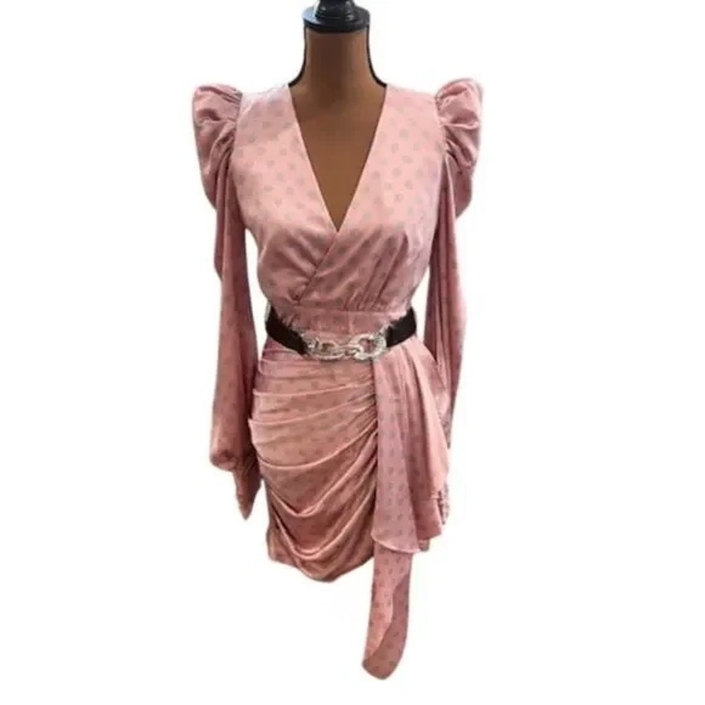 NWT Rosevelvet Polka Dot Ruffle Dress with Belt Midi Dress Lght Grey over Pink M